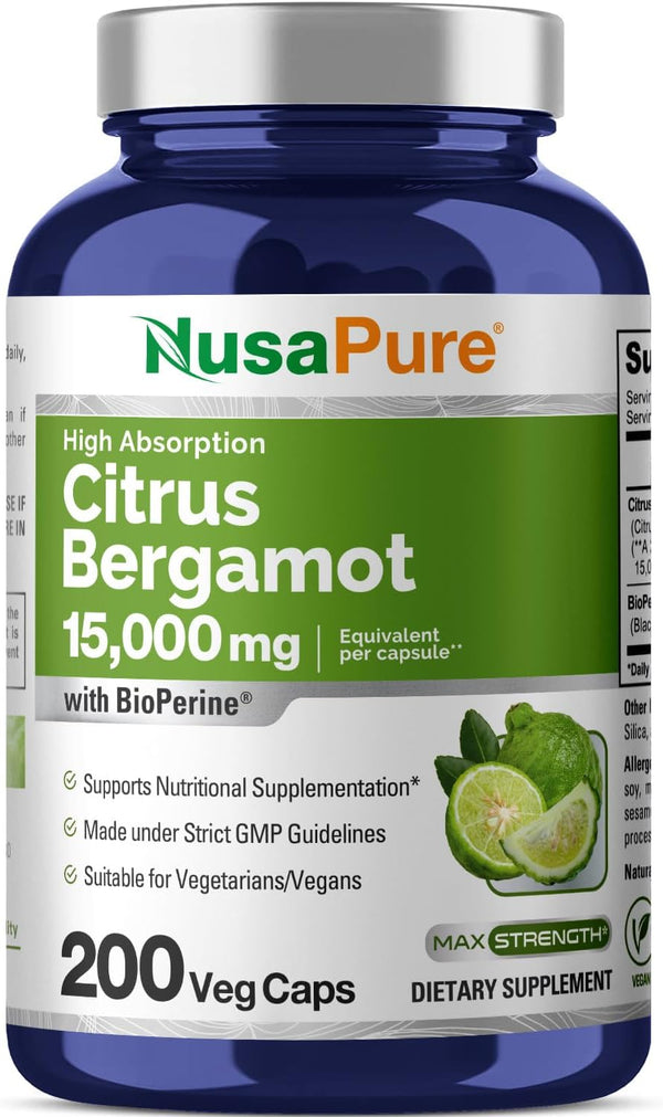 NusaPure Citrus Bergamot Capsules 15,000mg - 200 Capsules, 25:1 Bergamot Extract, Bioperine, Vegan, Non-GMO