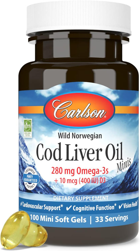 Carlson Cod Liver Oil Minis, 100 Mini Softgels - 280 mg Omega-3s + Vitamins A & D3 for Heart & Vision Health