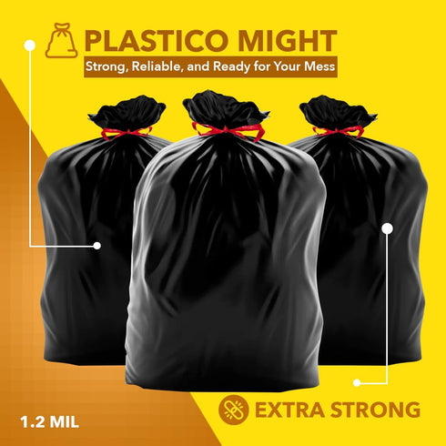 Plastico Large Trash Bags, 30 Gallon, Black, 28 Garbage Bags, Extra Strong, Easy Drawstrings, Odor Guard Control,
