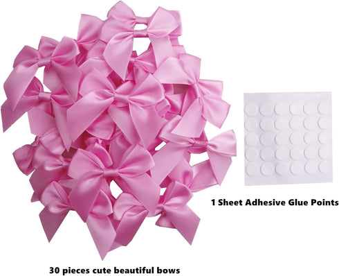 30 Pack Mini Satin Ribbon Bows with Glue Point, Fabric Ribbon Gift Bow for DIY Crafts (Pink)