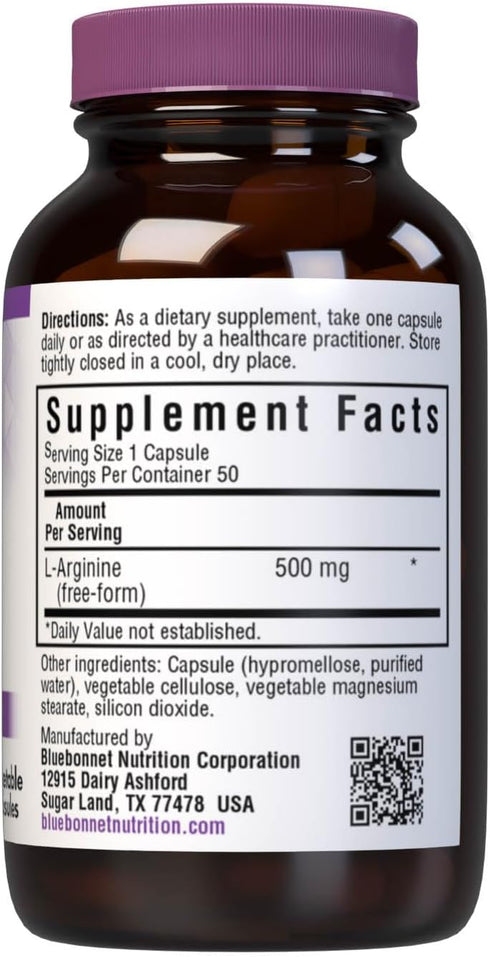 Bluebonnet Nutrition L-Arginine 500mg, Free-Form Amino Acid, 50 Vegetable Capsules, Non-GMO