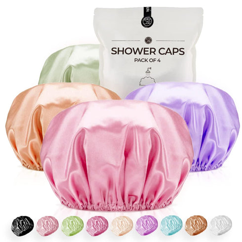Shower Cap for Women, Reusable Extra Large Satin Double Layer EVA Waterproof Long Hair Caps (4 Pack)