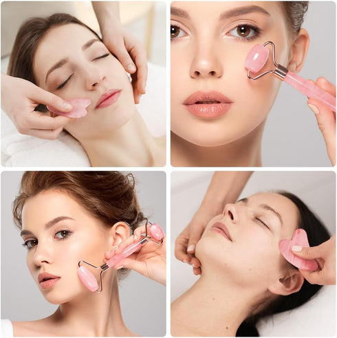 Gua Sha Facial Tools & Jade Roller Set, Face Gua Sha Tool, Ice Roller for Skin Care, Pink Gua Sha Stone Board Set