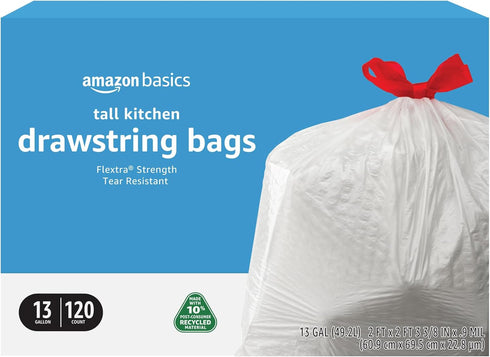 Amazon Basics Flextra Tall Kitchen Drawstring Trash Bags, 13 Gallon, 120 Count, 10% Post Consumer Recycled