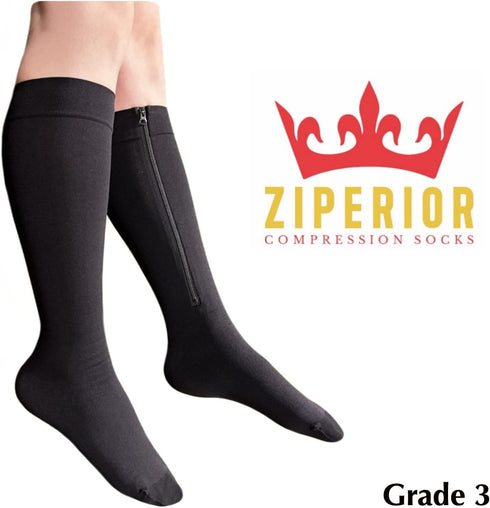 Ziperior 30-40 mmHg 3 Big Tall Inside Leg Zipper Compression Grade Wide Large Calf Closed Toe Socks