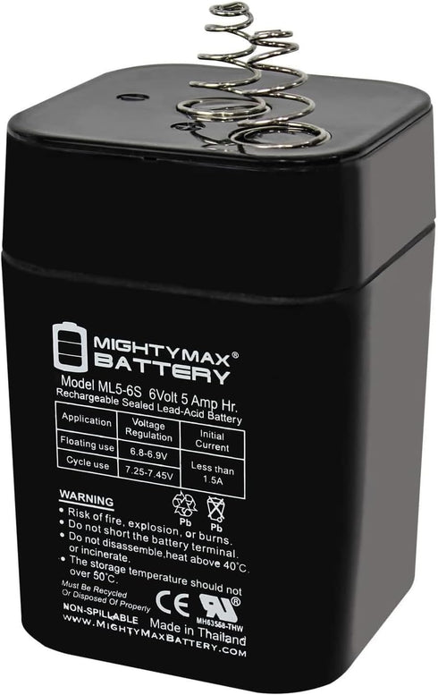 ML5-6S 6 Volt 5 AH, Spring S2 Terminal, Rechargeable SLA AGM Battery