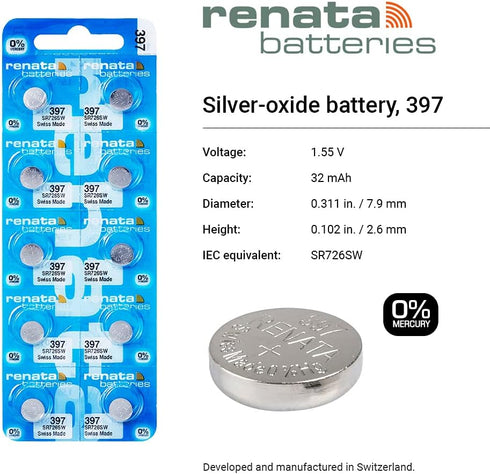 Renata Batteries 397 Silver Oxide 0% Mercury Battery (5 Pack)
