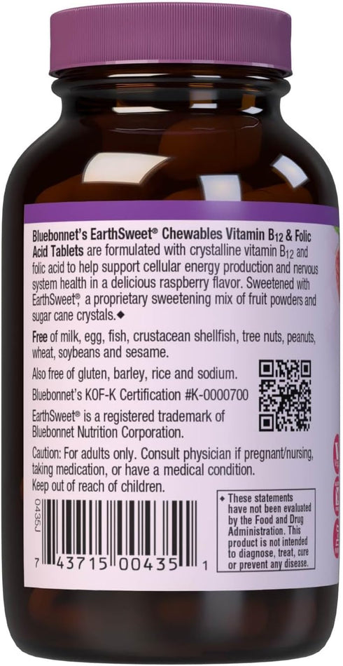 Bluebonnet Nutrition Earth Sweet Vitamin B12 1000 mcg & Folic Acid 400mcg, 180 Chewable Tablets