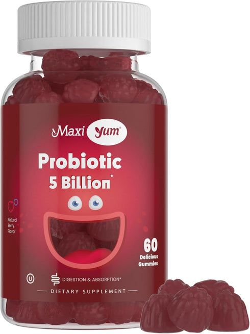 Maxi Yum Probiotic Gummies, 5 Billion CFUs, 60 Gummies for Digestive Health, Natural Berry Flavor, Kosher Certified