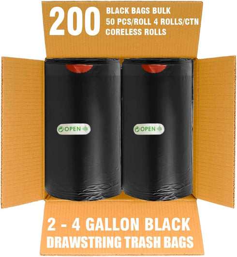 2-4 Gallon Drawstring Trash Bags, 200 Count Bulk Value Pack, Black & Unscented for Home and Business