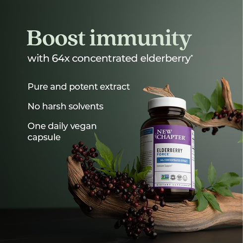 New Chapter Vegan Elderberry Capsules, 64x Concentrated Black Elderberry + Black Currant, 30 Count