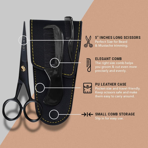 Ontaki 5" Professional German Beard & Mustache Scissors with 2 Comb & Carrying Pouch - Black Facial Hair Grooming Kit