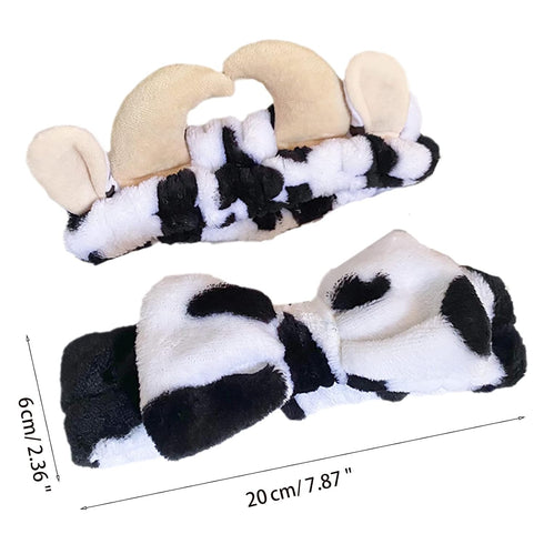 Plush Hairhoop - Spa Headband Spotted Cow Horn Bow Shape Hair Band Women Facial Makeup Head Hoop Soft Head Wraps for Shower Washing Face