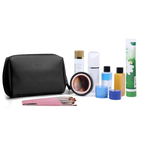 Narwey Small PU Leather Makeup Bag - Mini Cosmetic Pouch with Compartments for Women and Girls (Black)