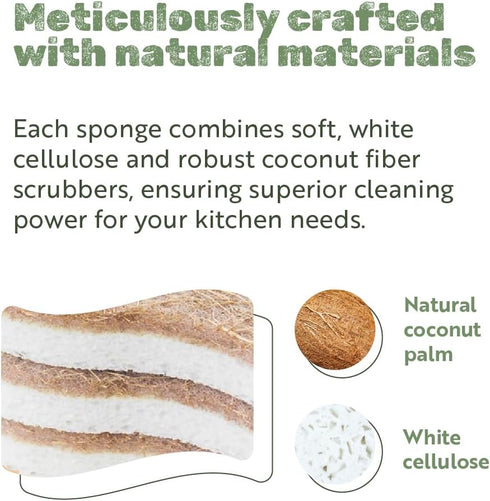 12PCS Natural Kitchen Sponges | Biodegradable Non-Scratch Cellulose and Coconut Fiber Sponge | Eco-Friendly for Dishes