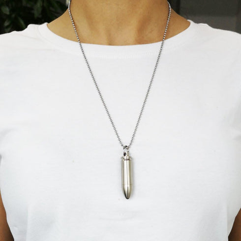 Small Pill Box Titanium Pill Fob Necklace, Mini Waterproof Keychain Holder for Men & Women (TC02 Bullet Pendant)