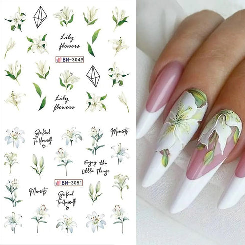 12 Sheets Lily Flowers Nail Stickers, Water Transfer Decals for Spring Floral Nail Art Design