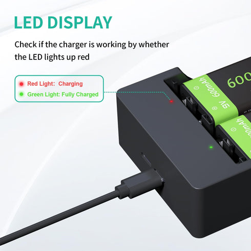 LP 9V 2 Pack 600mah 9 Rechargeable Batteries with Charging Station - Long Lasting Volt Lion Batteries - Compatible