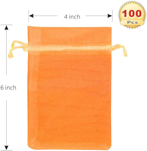 PMLAND 100 Pcs Organza Mesh Drawstring Bags, 4 x 6 Inches for Jewelry Party Favors, Orange
