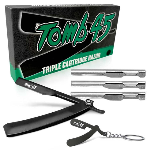 Tomb45 Triple Cartridge Razor Holder, Disposable Razor Safety Handle for Barbers, 100% Metal Grip & 3 Adjustable Blade