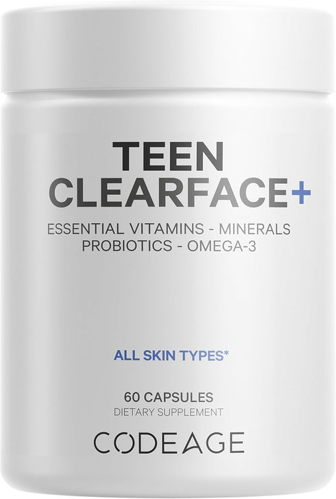 Codeage Teen Clearface Supplement, 60 Capsules, Vitamins A, C, D3, E, Probiotics for Oily Skin & Pimples
