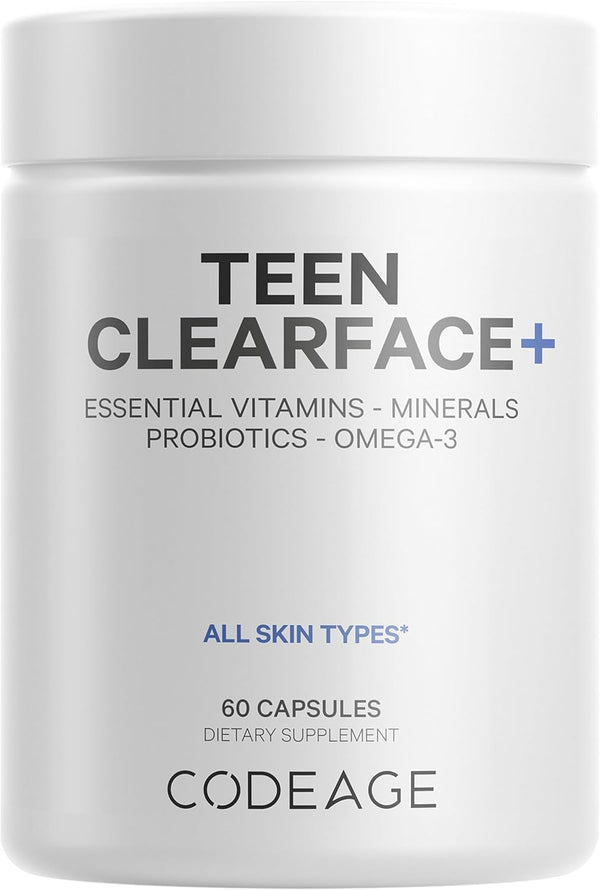Codeage Teen Clearface Supplement, 60 Capsules, Vitamins A, C, D3, E, Probiotics for Oily Skin & Pimples