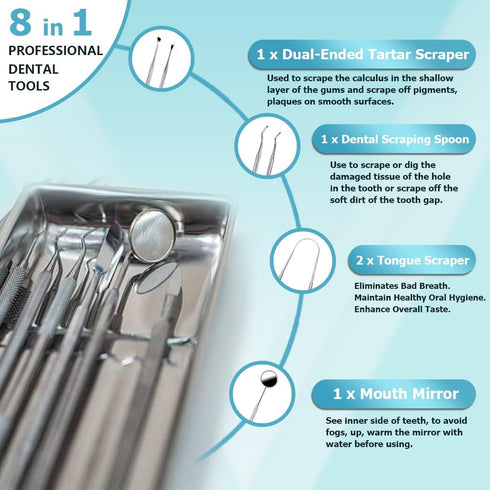 KOHEEL Dental Tools Set, 8 Count Teeth Cleaning Tools, Metal Case, Oral Care Hygiene Kit & Toothpicks