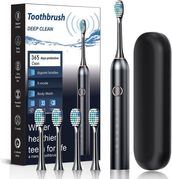 SWZEC Electric Toothbrush for Adults (4 Brush Heads,Black)