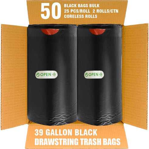 39 Gallon Lawn & Leaf Trash Bags - Drawstring, 50 Count, Heavy Duty Black & Unscented Plastic Bags