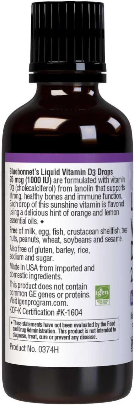 BlueBonnet Vitamin D3 1000 IU, 25mcg Liquid Supplement for Strong Bones & Immune Support, 1 Fl Oz