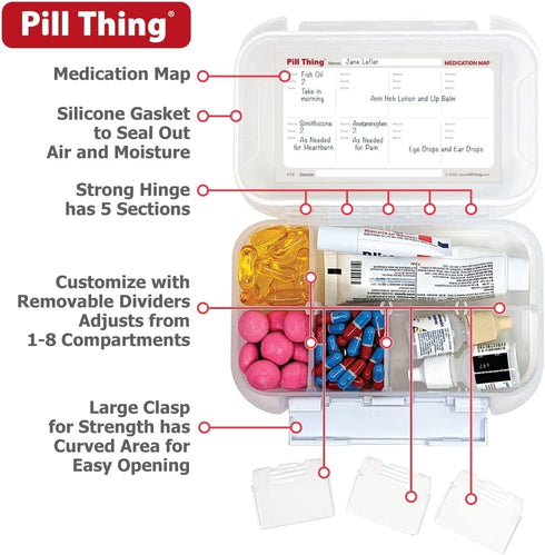 8 Compartment Large Pill Case with Airtight Seal, Adjustable Dividers, Silicone Gasket Waterproof Med Box with Medication Map (Clear - 2 Pack)