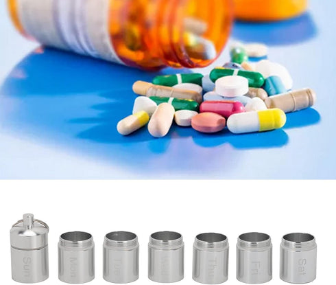 Masyrt 7 Box Stainless Steel, Box Days, Weekly Key Ring Holder Case for Supplies Pills Vitamins (Silver)