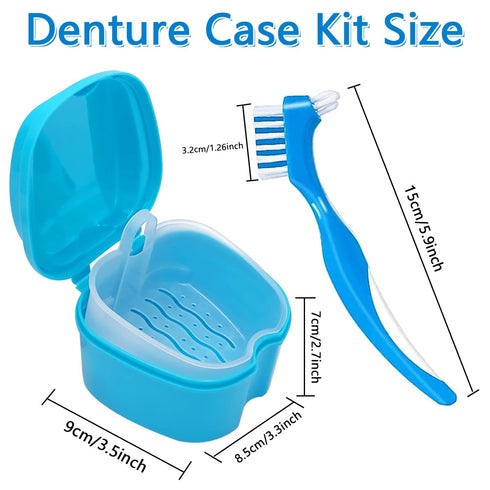 Denture Cleaner Box and Brush Set - 2 Pack Denture Bath Case with Basket + 2 Pack Denture Brush, Portable Denture Retainer Storage Box, False Teeth Brushes for Oral Care (Light and dark blue)