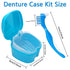 Denture Cleaner Box and Brush Set - 2 Pack Denture Bath Case with Basket + 2 Pack Denture Brush, Portable Denture Retainer Storage Box, False Teeth Brushes for Oral Care (Light and dark blue)