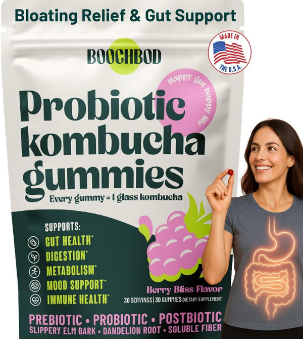 BoochBod - Probiotic Kombucha Gummy - Prebiotics, Probiotics, Postbiotics, Fiber Supplement, Slippery