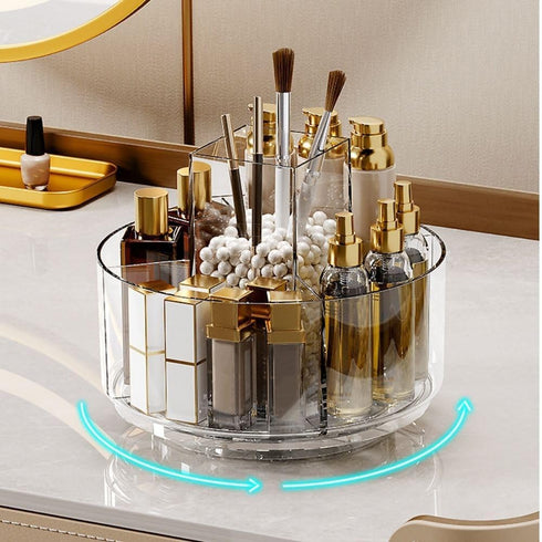 LINFIDITE 360 Rotating Makeup Organizer, Clear Cosmetic Storage Holder Tray with 6 Compartments for Bathroom, Vanity