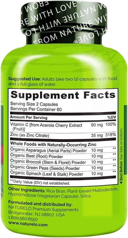 NATURELO Vegan Zinc Immune Support Capsules, Whole Food Complex with Vitamin C, 120 Capsules