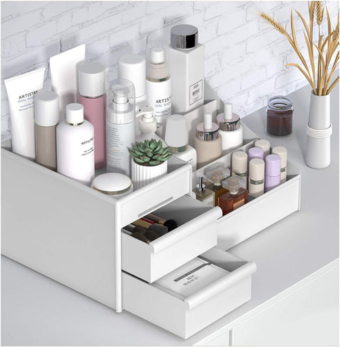Large Makeup Capacity Cosmetic Storage Box Skin Care Organizer Jewelry ,Makeup, Brushes, Lipsticks, Nail Polish Container,Desktop Dresser Sundries Storage Box (White) by HASPINH