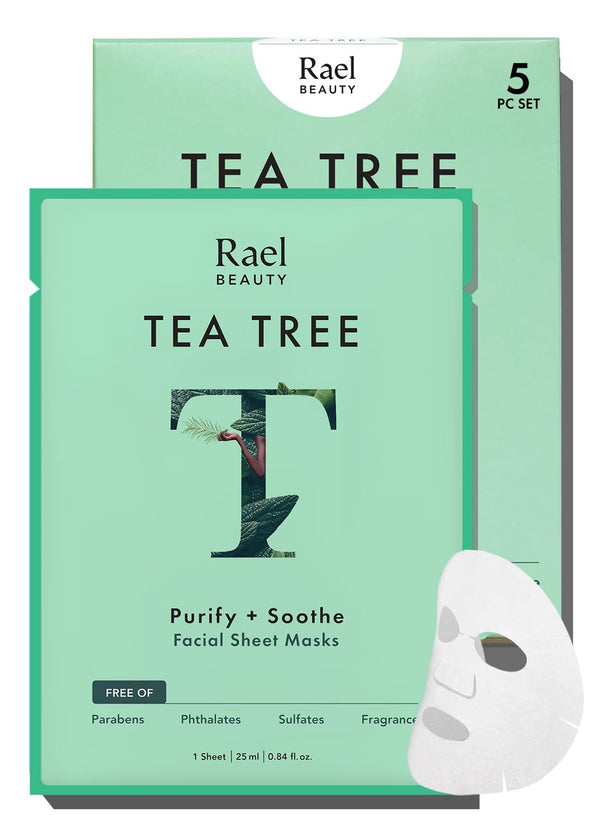Rael Face Mask Skin Care, Tea Tree Facial Sheet Mask, Korean Skincare with Tea Tree Oil and Fruit Extracts, 5 Sheets