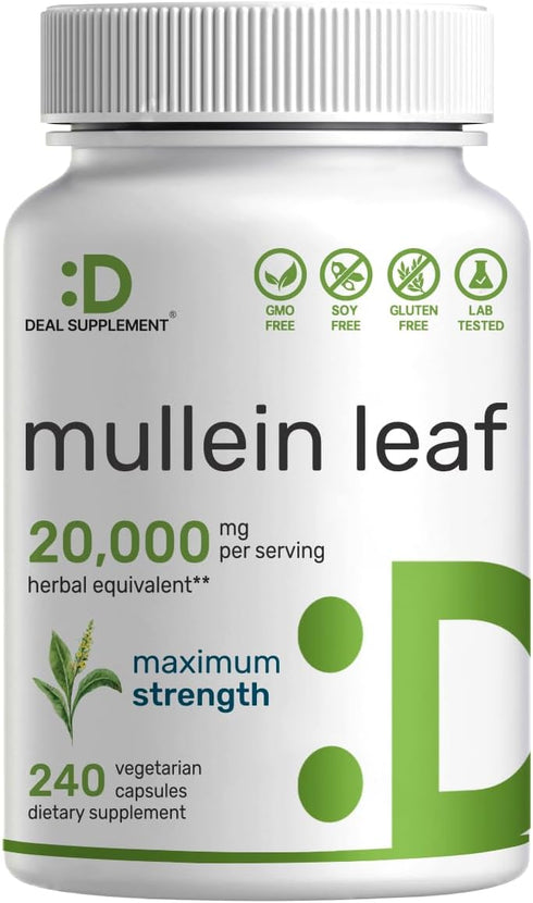 DEAL SUPPLEMENT Mullein Leaf Extract 20,000mg, 240 Veggie Capsules – Natural Lung Detox Herbal Supplement