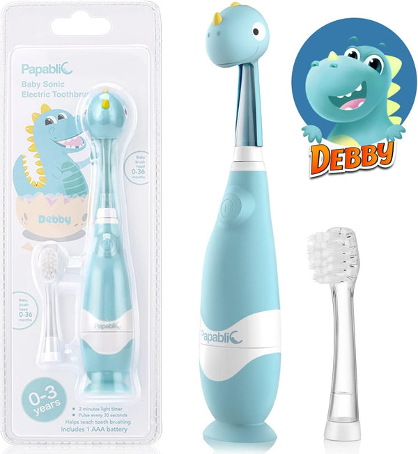 Papablic Toddler Sonic Electric Toothbrush for Ages 1-3, Baby Toothbrush with Cute Dino Cover and Smart LED Timer