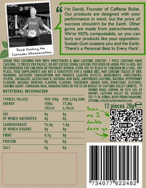 Sustain Caffeine Gum - Natural Mint Energy Gum, 12 Pieces, 50 mg Caffeine, Biodegradable, Sugar-Free, Plant-Based