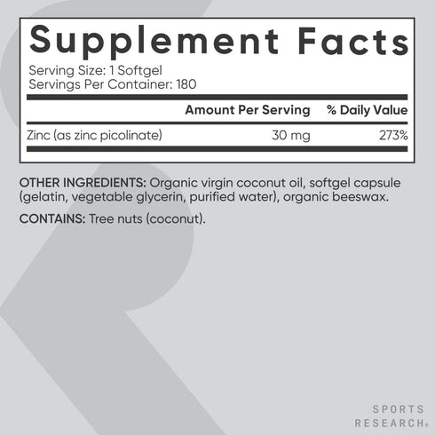 Sports Research High Potency Zinc Picolinate 30mg with Organic Coconut Oil | Non-GMO Tested & Gluten-Free Zinc