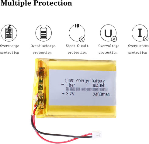 Liter 3.7V 2400mAh 104050 Lipo Battery, Rechargeable Lithium Polymer with JST 2.0mm Connector