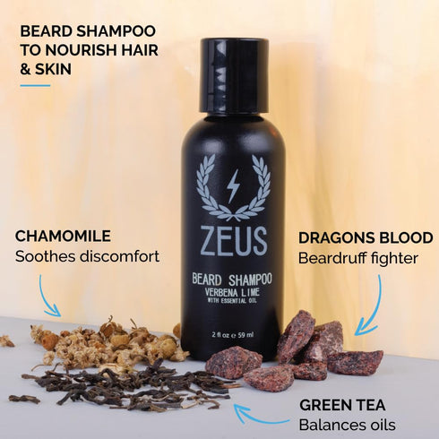 ZEUS Travel Beard Shampoo & Conditioner Combo for Men, Grooming Set with Green Tea & Essential Oils