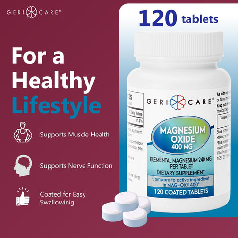 GeriCare Magnesium Oxide Supplement, 240 mg Elemental Magnesium, 120 Tablets, Pack of 3