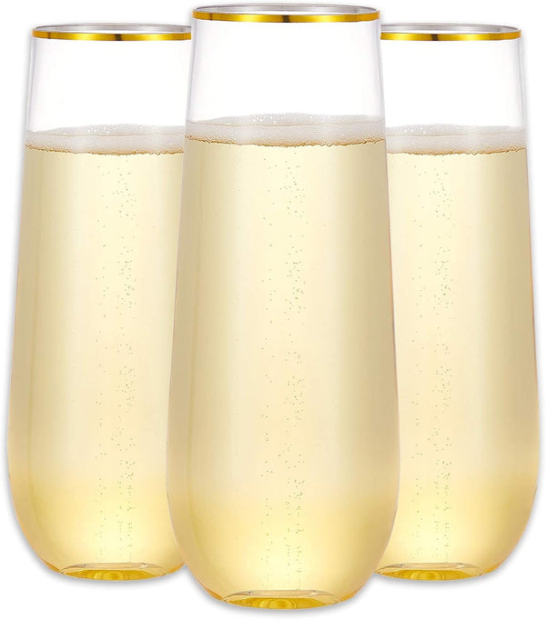 N9R 12PCS Stemless Plastic Champagne Flutes, 9 oz Gold Rim Toasting Glasses, Shatterproof Cocktail Cups for Party