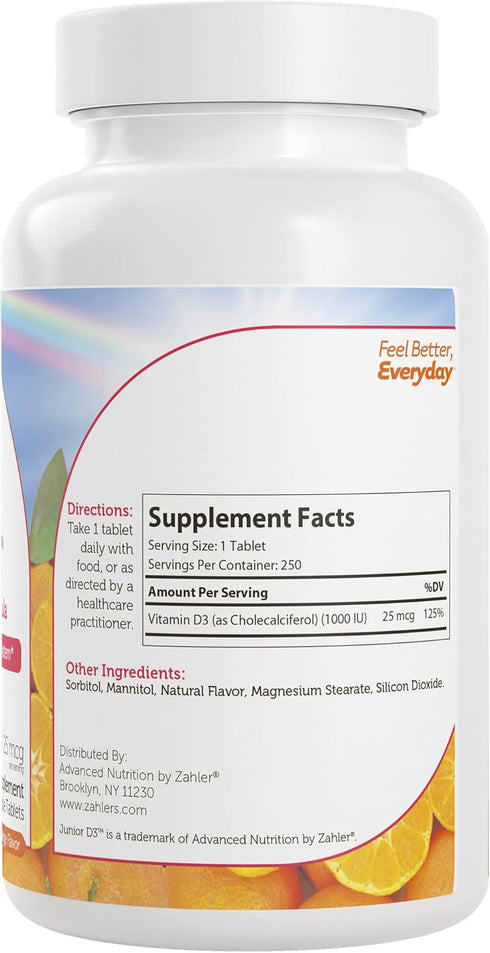 Zahler Junior D3 Vitamins 1000 IU - Chewable Vitamin D3 for Kids - Vitamin D for Kids to Support Bone, Teeth & Immune Health - Kosher Kids Vitamin D3 Orange Flavor - D3 Vitamins for Kids 250 count.