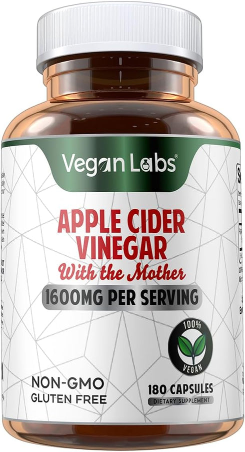 Vegan Labs 180 1600MG 100% Immune Apple Cider Vinegar Capsules with The Mother- Vegan Capsules, Per Serving- Natural