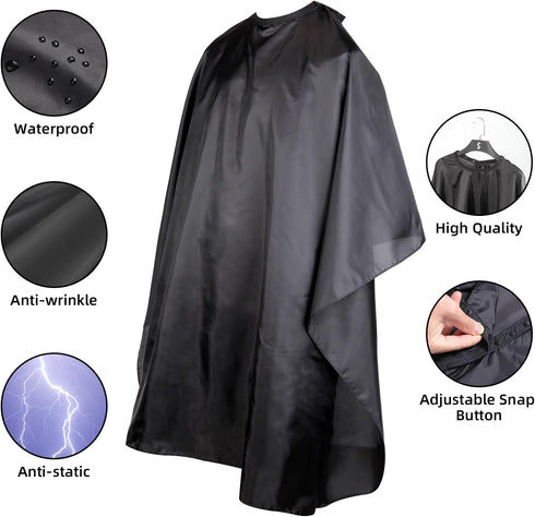 Professional Hair Cutting Cape with Adjustable Snap Closure, Waterproof Hairdressing Salon Cape - 57" x 51" (Black)